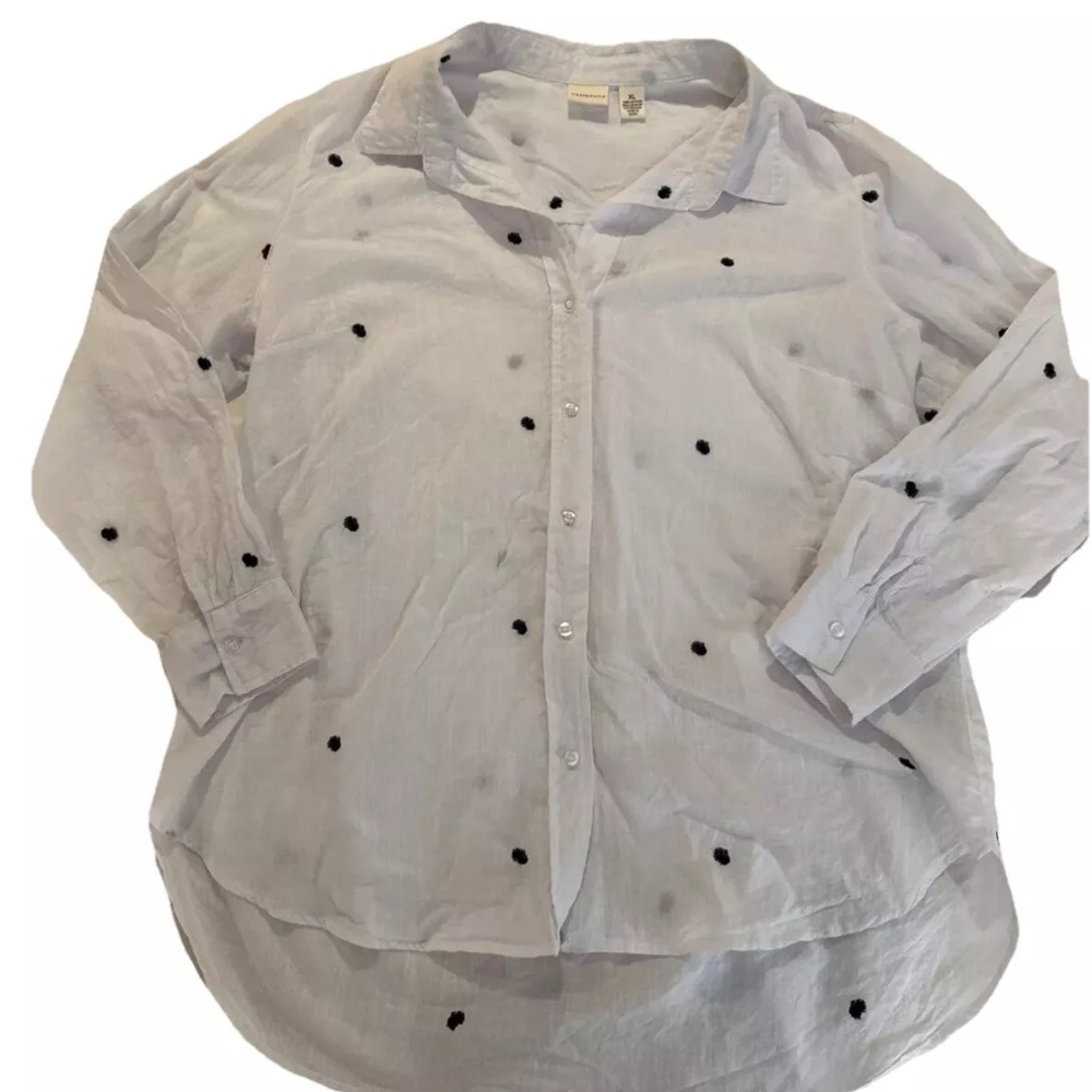 White Button-Up Blouse with navy  embroidery